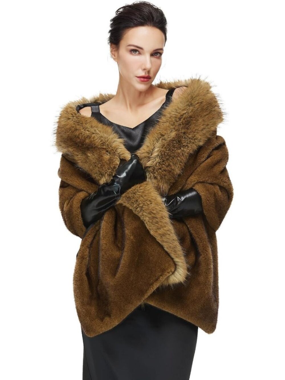 Chic Faux Fur Shawl Wrap with Fox Fur Trim Collar for Evening Dresses & Weddings